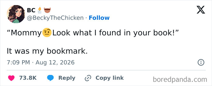 A tweet about a child finding a bookmark in a book, demonstrating the comedy of raising kids.