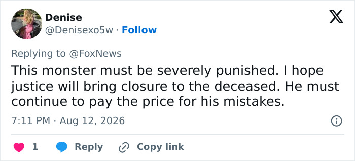 A social media post from Denise calling for punishment for Rob Reiner's son's alleged actions. A social media post from Denise calling for punishment for Rob Reiner's son's alleged actions.