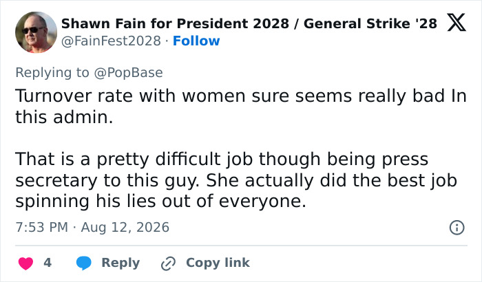 Screenshot of a tweet by Shawn Fain for President 2028 discussing Karoline Leavitt's exit as press secretary, Aug 12, 2026.