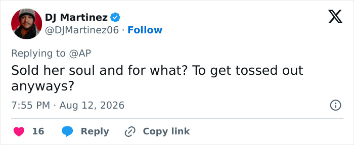 A social media comment from DJ Martinez, questioning Karoline Leavitt's exit as press secretary.