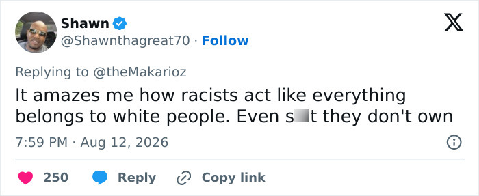 A social media post from Shawn expressing dismay about racist behavior by a white couple. A social media post from Shawn expressing dismay about racist behavior by a white couple.