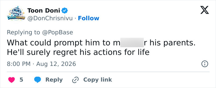 Screenshot of a tweet from Toon Doni, questioning motives for Rob Reiner's son alleged actions. Screenshot of a tweet from Toon Doni, questioning motives for Rob Reiner's son alleged actions.
