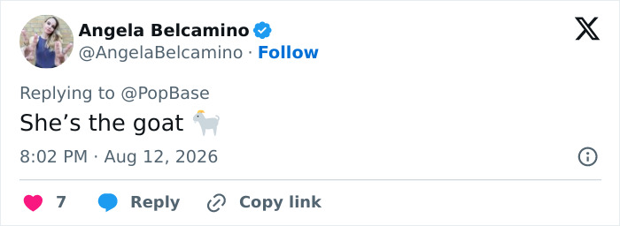 Screenshot of a tweet by Angela Belcamino showing support for Karoline Leavitt's exit as press secretary, Aug 12, 2026.
