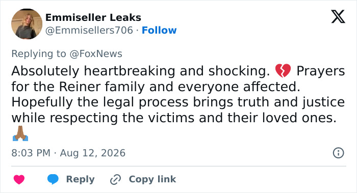 A social media post expressing heartbreak and prayers for the Reiner family. New details about the alleged attack. A social media post expressing heartbreak and prayers for the Reiner family. New details about the alleged attack.