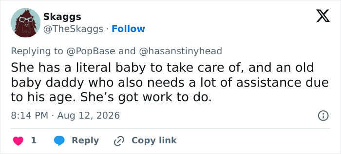 Screenshot of a tweet by Skaggs about Karoline Leavitt's exit as press secretary and responsibilities, dated Aug 12, 2026.