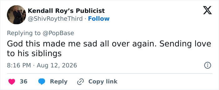 A social media post from Kendall Roy's Publicist expressing sadness about Rob Reiner's son. A social media post from Kendall Roy's Publicist expressing sadness about Rob Reiner's son.