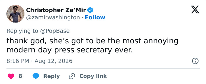 Screenshot of a tweet by Christopher Za'Mir commenting on Karoline Leavitt's exit as press secretary, dated Aug 12, 2026.