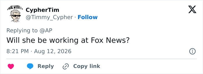 A social media comment from CypherTim, asking about Karoline Leavitt's next career move after her exit as press secretary.