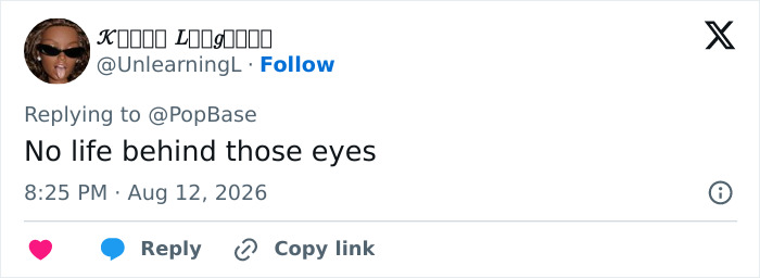 A tweet by @UnlearningL, commenting on Rob Reiners son, says No life behind those eyes. A tweet by @UnlearningL, commenting on Rob Reiners son, says No life behind those eyes.