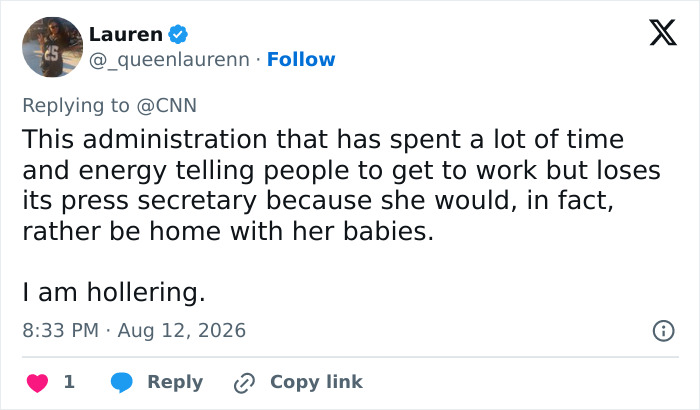 A social media post by Lauren regarding Karoline Leavitt's exit as press secretary and maternity leave.