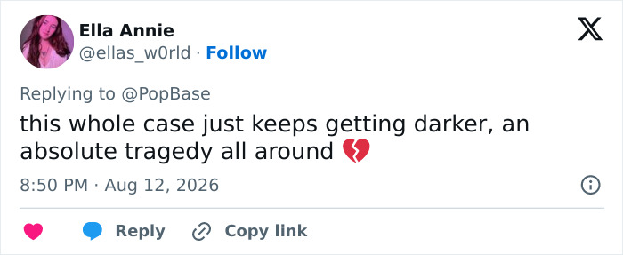 Screenshot of a tweet from Ella Annie, expressing sadness and calling the Rob Reiner son case a tragedy. Screenshot of a tweet from Ella Annie, expressing sadness and calling the Rob Reiner son case a tragedy.