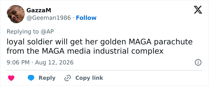 A social media comment from GazzaM, predicting Karoline Leavitt's future after her exit as press secretary.