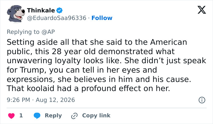 A social media comment from Thinkale, praising Karoline Leavitt's loyalty after her exit as press secretary.