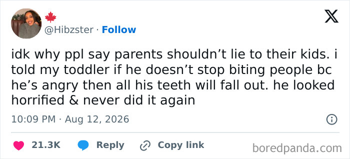 Tweet from Hibzster about lying to her toddler that his teeth would fall out if he bit people, showcasing the comedy of raising kids.