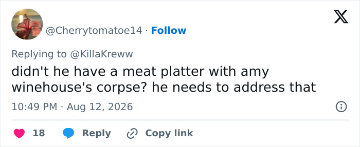 Screenshot of a tweet by Cherrytomatoe14 questioning the 'How I Met Your Mother' star's meat platter with Amy Winehouse's corpse.