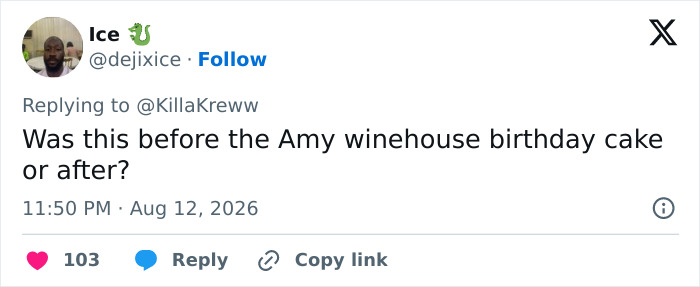 A tweet questioning the timeline of How I Met Your Mother star's creepy Amy Winehouse birthday cake.
