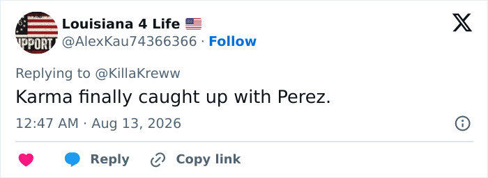 A tweet commenting on a How I Met Your Mother star's forced coming out controversy, stating that karma finally caught up with Perez.