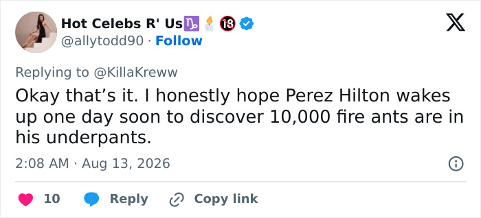 Screenshot of a tweet mentioning Perez Hilton in the context of the controversy.