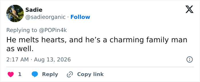 Tweet by Sadie, praising Alan Ritchson as a charming family man following his shirtless moment. Tweet by Sadie, praising Alan Ritchson as a charming family man following his shirtless moment.
