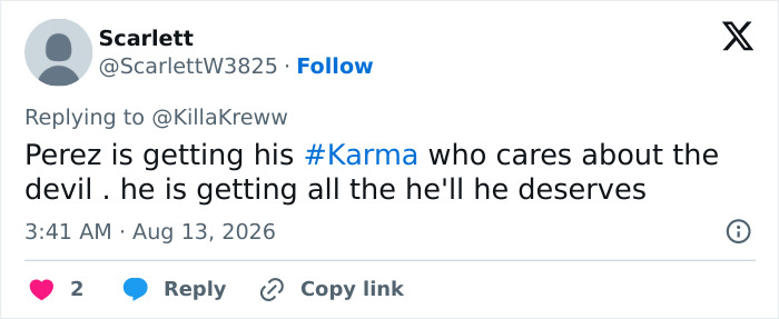 A tweet regarding a How I Met Your Mother star's forced coming out controversy, mentioning Perez getting his #Karma.