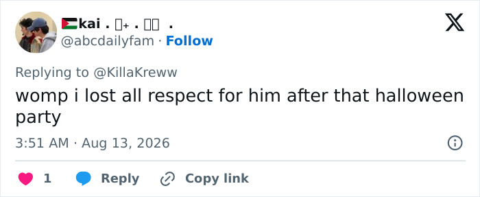 Screenshot of a tweet by kai. discussing loss of respect for the 'How I Met Your Mother' star after a Halloween party.