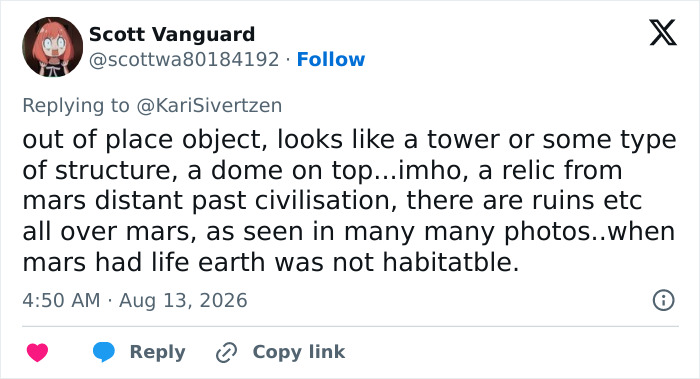 A social media post by Scott Vanguard discussing an out-of-place object in a NASA Mars photo, pondering a jellyfish-like structure. A social media post by Scott Vanguard discussing an out-of-place object in a NASA Mars photo, pondering a jellyfish-like structure.
