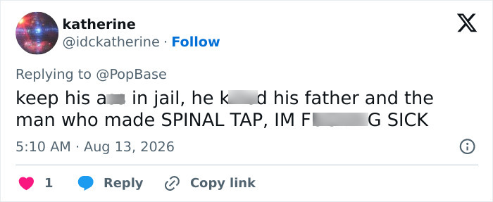 Screenshot of a tweet from Katherine, stating Rob Reiner's son should stay in jail for the alleged attack. Screenshot of a tweet from Katherine, stating Rob Reiner's son should stay in jail for the alleged attack.