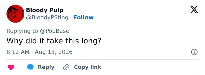 A tweet from @BloodyPSting, commenting on Rob Reiners son, asks Why did it take this long? A tweet from @BloodyPSting, commenting on Rob Reiners son, asks Why did it take this long?