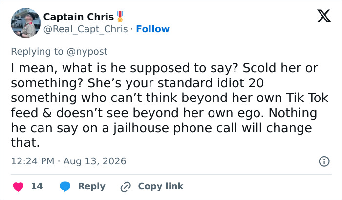 A screenshot of a tweet from Captain Chris discussing the jailhouse call of the drunken daughter. A screenshot of a tweet from Captain Chris discussing the jailhouse call of the drunken daughter.