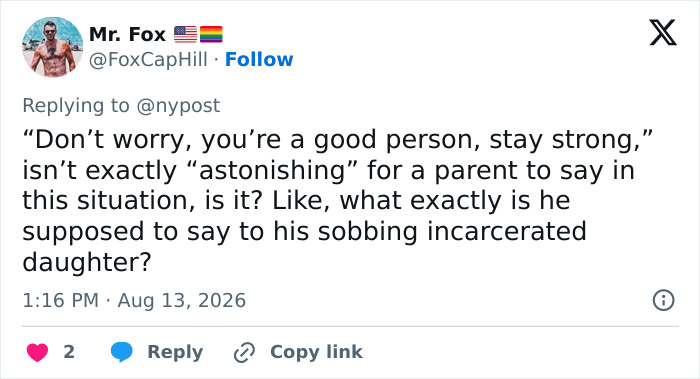 A social media post debating a dad's astonishing words to his drunken daughter in a jailhouse call. A social media post debating a dad's astonishing words to his drunken daughter in a jailhouse call.