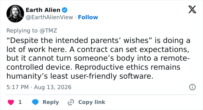A social media post discusses reproductive ethics in surrogate pregnancy and parents wishes. A social media post discusses reproductive ethics in surrogate pregnancy and parents wishes.