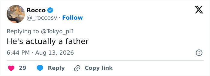 A tweet by Rocco replying, 'He's actually a father,' continuing the conversation about Matt Damon and Tom Holland actors. A tweet by Rocco replying, 'He's actually a father,' continuing the conversation about Matt Damon and Tom Holland actors.