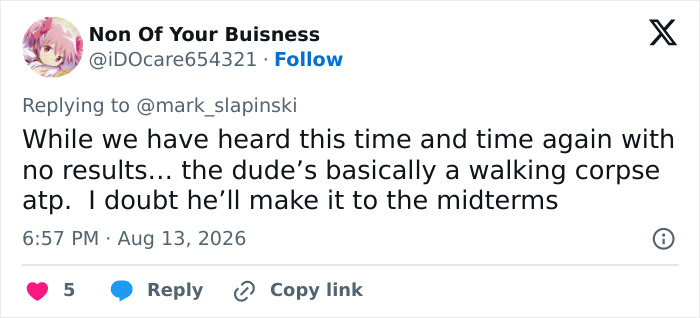 A social media user comments on Donald Trumps health marker, suggesting he is a walking corpse. A social media user comments on Donald Trumps health marker, suggesting he is a walking corpse.