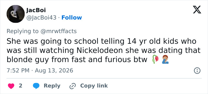 Tweet detailing Paul Walker's girlfriend telling school kids she was dating him, emphasizing the age gap backlash.