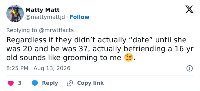 Paul Walker controversy tweet: A social media comment highlighting concerns about Paul Walker's age gap in relationships.