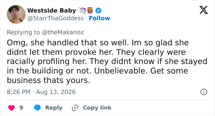 A social media comment praising the Black hairstylist for handling the situation well and highlighting racial profiling in the apartment building. A social media comment praising the Black hairstylist for handling the situation well and highlighting racial profiling in the apartment building.