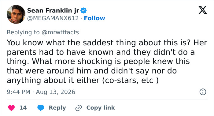 Tweet by Sean Franklin jr regarding the Paul Walker age gap backlash, questioning parental and peer inaction.
