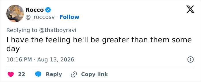 A tweet by Rocco saying, 'I have the feeling he'll be greater than them some day,' in the context of Tom Holland actors. A tweet by Rocco saying, 'I have the feeling he'll be greater than them some day,' in the context of Tom Holland actors.