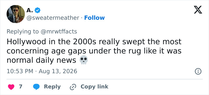 Tweet about Hollywood age gaps, relating to Paul Walker controversy backlash.