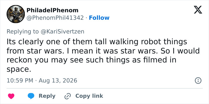 A tweet by PhiladelPhenom suggesting the object in the NASA Mars photo is a tall walking robot from Star Wars. A tweet by PhiladelPhenom suggesting the object in the NASA Mars photo is a tall walking robot from Star Wars.