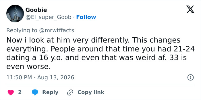 Tweet by Goobie discussing the Paul Walker age gap, noting how it changes perceptions and commenting on the age difference.