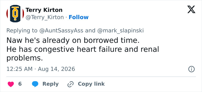 A social media user comments on Donald Trumps health marker, mentioning his congestive heart failure and renal problems. A social media user comments on Donald Trumps health marker, mentioning his congestive heart failure and renal problems.