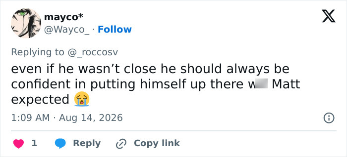 A tweet by mayco* saying, 'even if he wasn't close he should always be confident in putting himself up there with Matt,' about Tom Holland actors. A tweet by mayco* saying, 'even if he wasn't close he should always be confident in putting himself up there with Matt,' about Tom Holland actors.