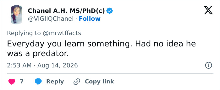 Tweet by Chanel A.H. MS/PhD(c) reacting to Paul Walker's age gap controversy, learning new information.