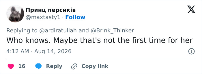 A tweet by Принц персиків replying to @ardiratullah and @Brink_Thinker: Who knows. Maybe that's not the first time for her. Viral performance. A tweet by Принц персиків replying to @ardiratullah and @Brink_Thinker: Who knows. Maybe that's not the first time for her. Viral performance.