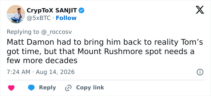A tweet from CrypToX SANJIT saying Matt Damon brought Tom Holland back to reality about his greatest actors ranking. A tweet from CrypToX SANJIT saying Matt Damon brought Tom Holland back to reality about his greatest actors ranking.