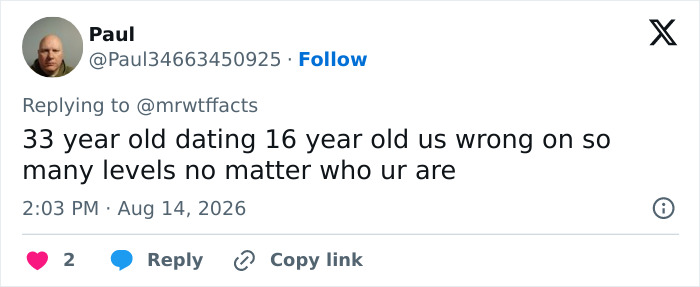 Tweet by Paul about the Paul Walker age gap controversy, stating a 33-year-old dating a 16-year-old is wrong.