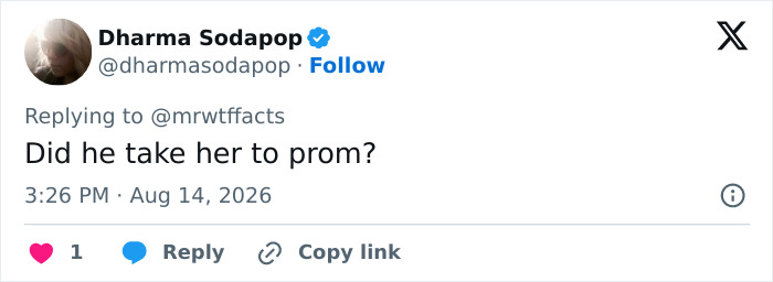 Tweet questioning Paul Walker's relationship, asking if he took his girlfriend to prom, highlighting the age gap controversy.