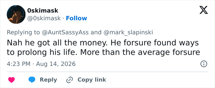 A social media user comments on Donald Trumps health marker and his financial ability to prolong his life. A social media user comments on Donald Trumps health marker and his financial ability to prolong his life.