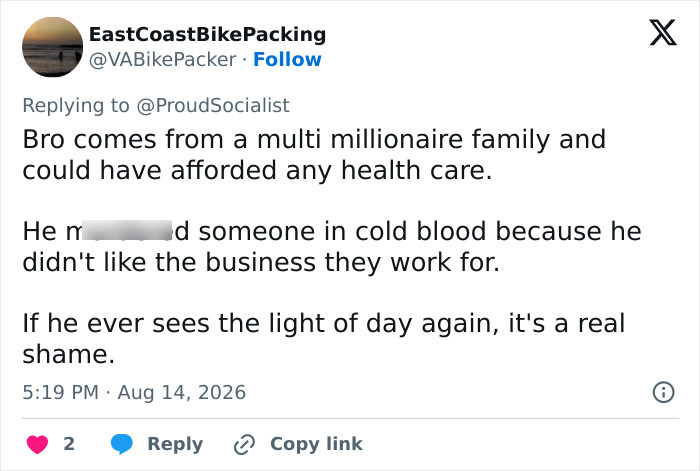 EastCoastBikePacking's tweet concerning the Luigi Mangione case details and UnitedHealthcare CEO attack. EastCoastBikePacking's tweet concerning the Luigi Mangione case details and UnitedHealthcare CEO attack.